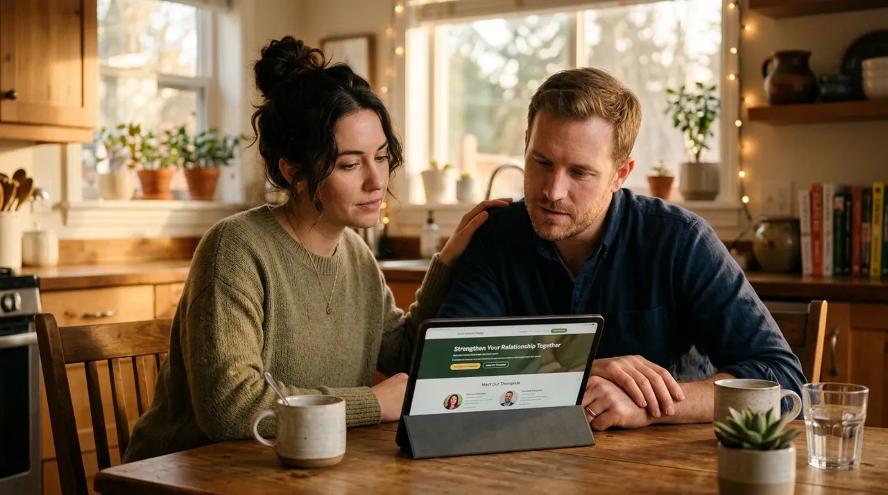 A couple at home, sitting close and thoughtfully looking at a tablet — a tender moment of deciding to take the first step toward support.