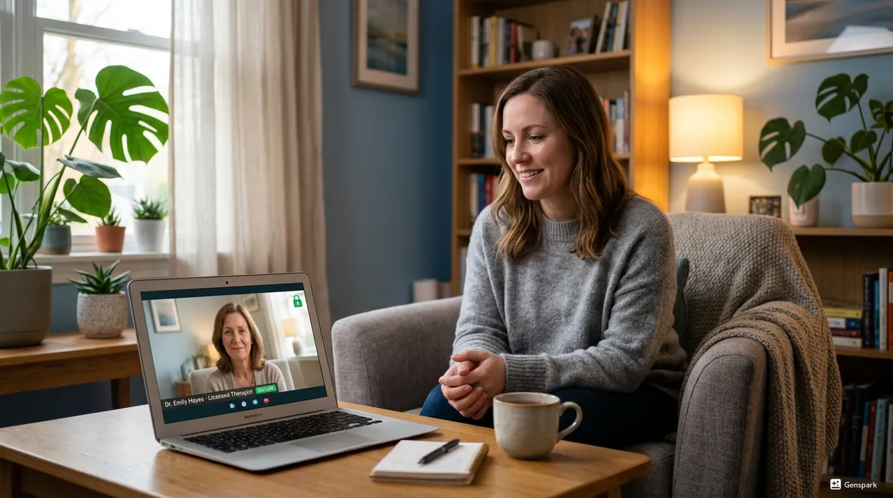 A person sitting comfortably at home in a cozy private room, having a secure online therapy session on a laptop, soft warm lighting, a locked padlock icon subtly visible on the screen, sense of safety privacy and trust, calm peaceful atmosphere