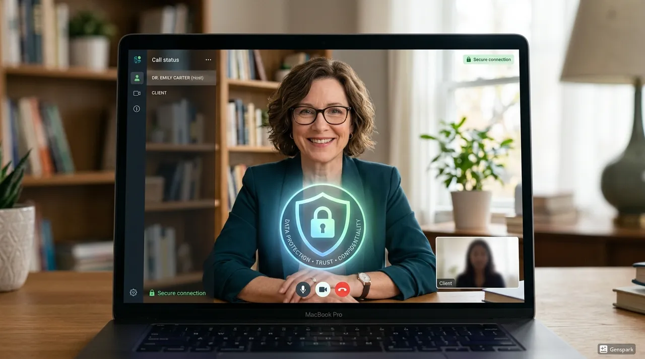A professional online therapist on a video call screen, warm empathetic expression, a digital shield and lock security icon glowing between the therapist and client, representing trust confidentiality and data protection, modern clean office background, soft blue and green tones, photorealistic