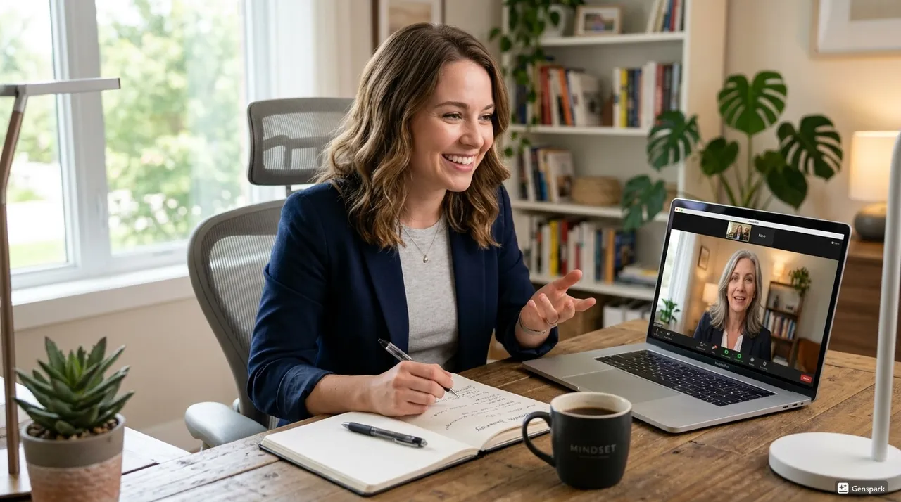 The client is a confident young woman sitting at a bright, modern home office desk with a notebook and coffee mug, smiling and engaged in conversation on screen with her coach. Natural window light, warm and motivating atmosphere, shallow depth of field, photorealistic DSLR quality.