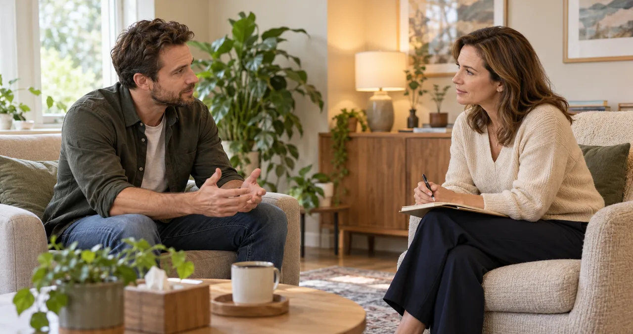 A man speaking with a counsellor in a comfortable room