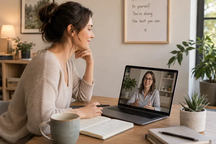 Woman speaking with a wellbeing coach during an online coaching session at home.