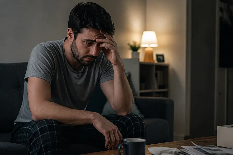 Man sitting alone at home feeling stressed and overwhelmed