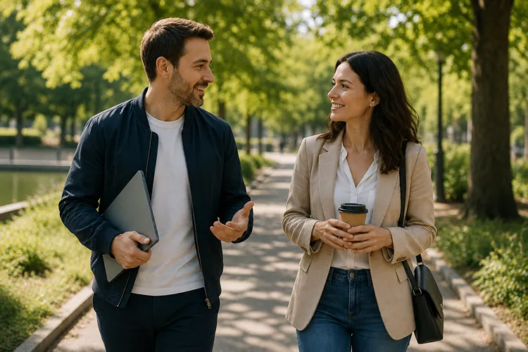 Career coach and client walking together outdoors while discussing professional goals.
