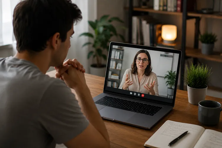 Young man speaking with a therapist during an online coaching session from home