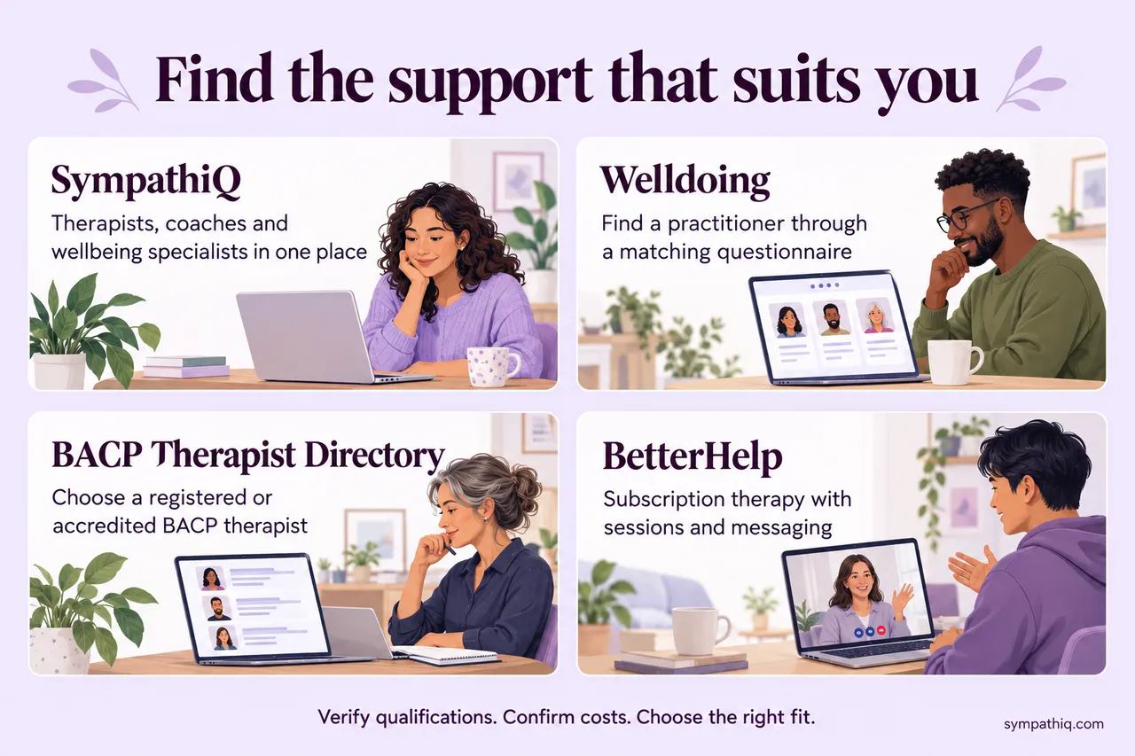 Comparison of SympathiQ for varied wellbeing specialists, Welldoing for questionnaire matching, BACP for registered therapists and BetterHelp for subscription therapy.