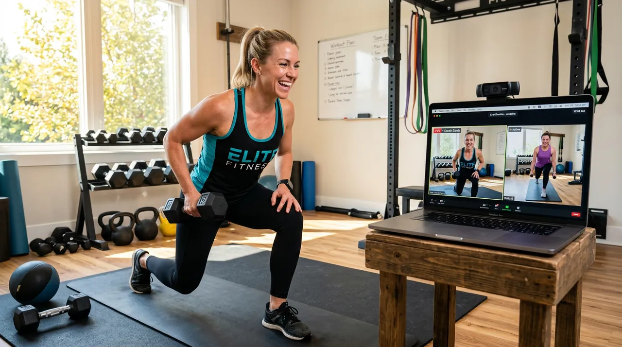 A dynamic online fitness coach leading a live virtual training session with energy and expertise — showing how professional guidance is just a click away.