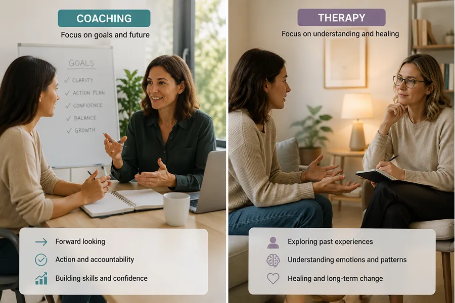 Comparison between life coaching focused on goals and future action and therapy focused on emotional understanding and healing.