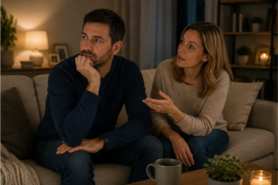 Man feeling distracted while his partner tries to talk to him at home.