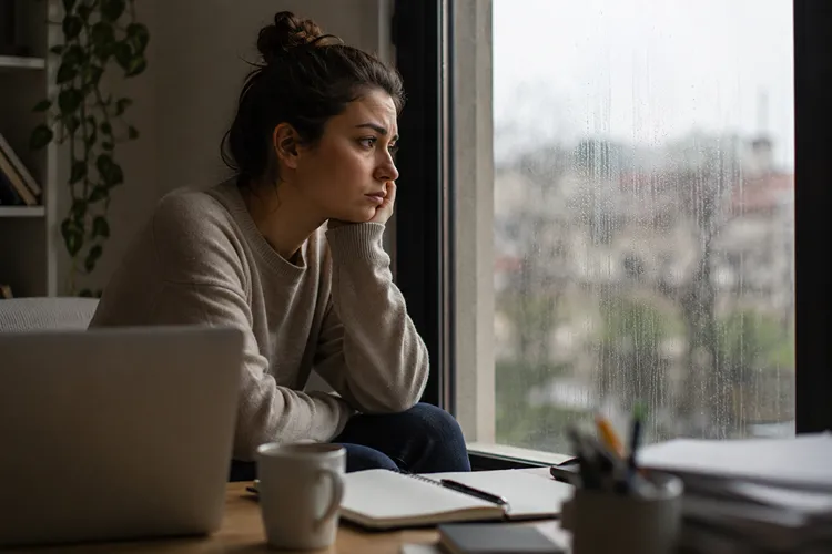 Young woman sitting by a window looking emotionally drained and lost in thought