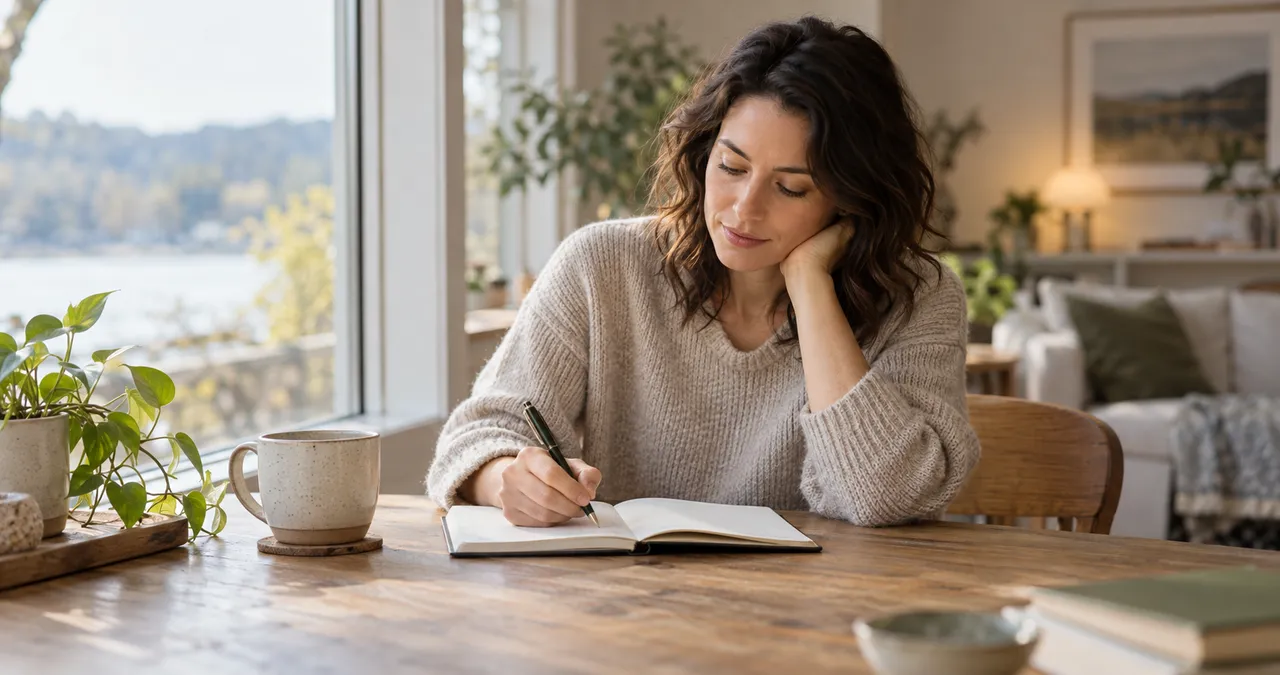 A woman writing in a notebook beside a window