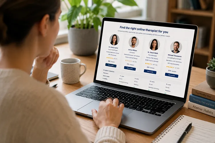 Person reviewing therapists' qualifications, experience, and therapeutic approaches online