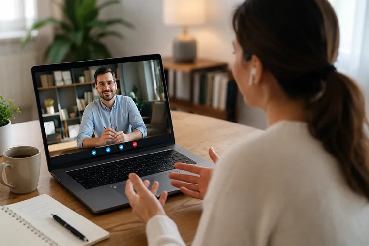 Person participating in an online therapy session with a licensed therapist via video call