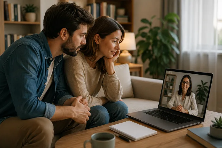 Couple attending an online therapy session with a therapist on a laptop from their living room.