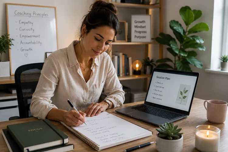 Female life coach preparing notes for an online coaching session in her home office