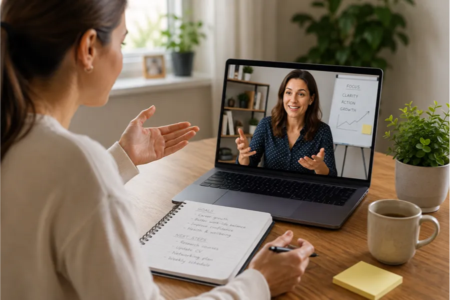 : Professional speaking with a life coach during a video call while discussing goals and future plans.