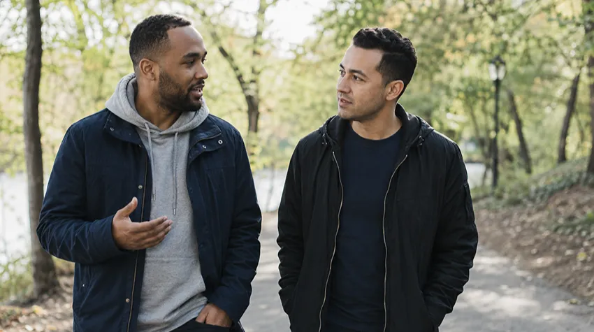 Two men talking openly about mental health while walking in a park