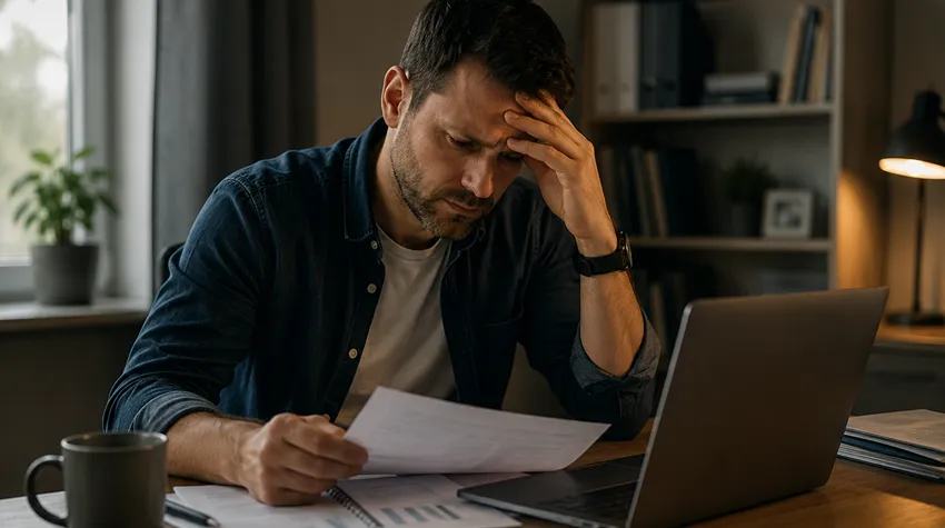 Man struggling to concentrate while working from home under stress