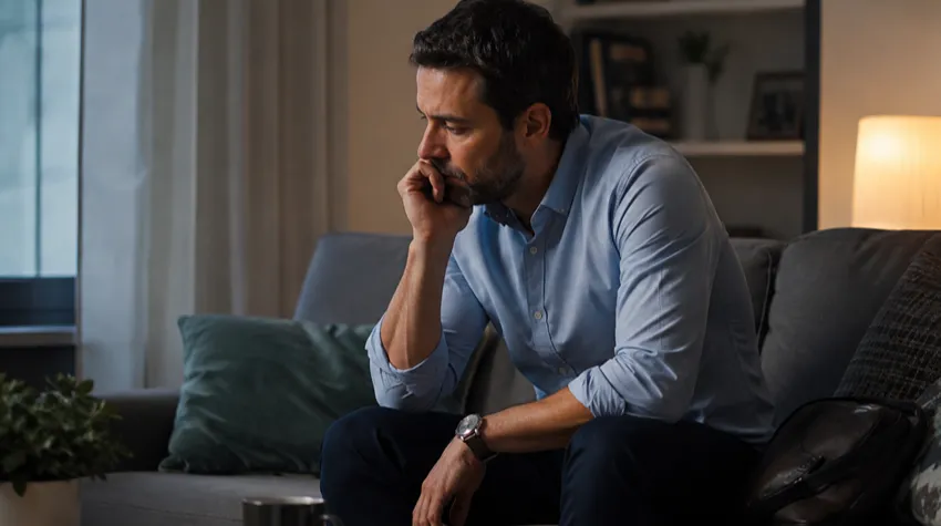 Man sitting at home feeling stressed and mentally exhausted after work