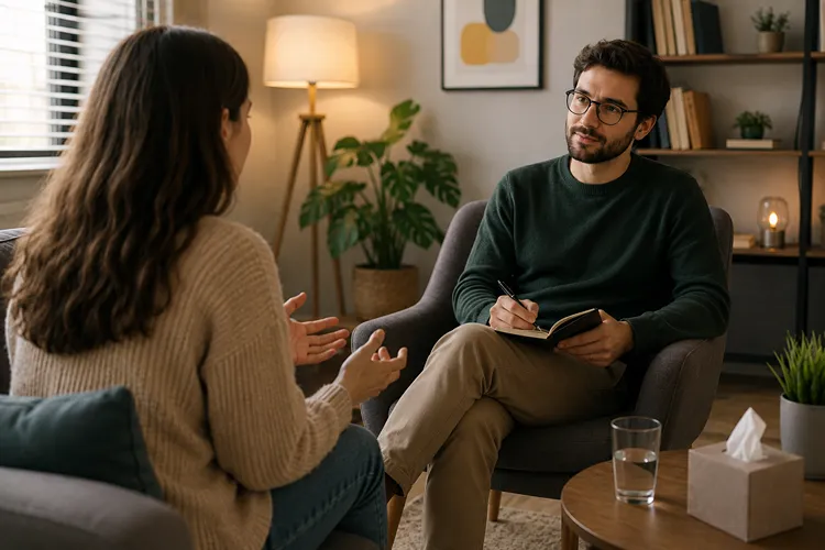 Therapist and client having a face-to-face counselling session in a private office