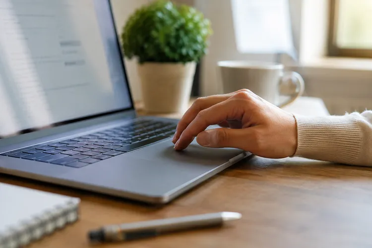Person using a laptop while preparing for an online therapy session from home