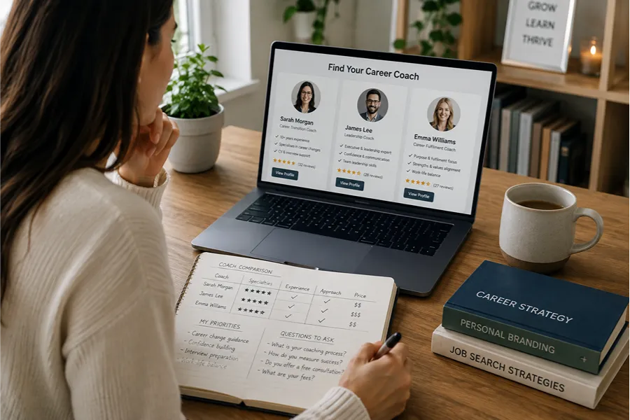 Person comparing career coach profiles online while taking notes to choose the right career coach.