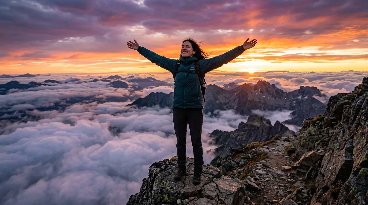 A determined young woman standing at the top of a rocky mountain cliff, arms outstretched, facing a dramatic sunrise with vibrant orange and purple sky, clouds below, symbolizing overcoming adversity and emotional strength, cinematic photorealistic style, empowering and triumphant mood