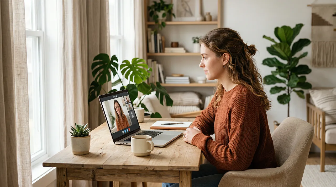 Show a young adult using a laptop for an online therapy session in a bright, stylish home setting with natural daylight.
