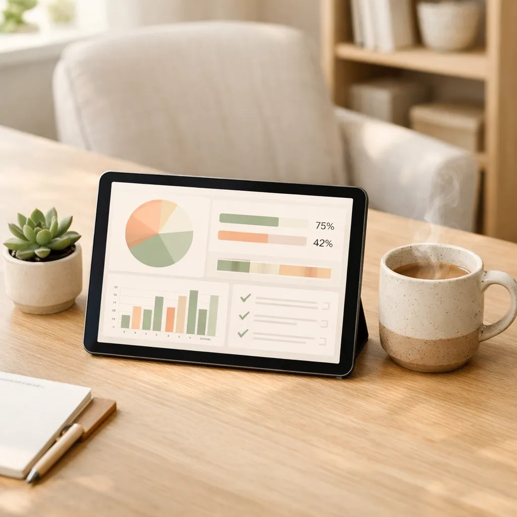 Sleek tablet displaying a coaching platform dashboard for a UK wellness practice in a professional home office.