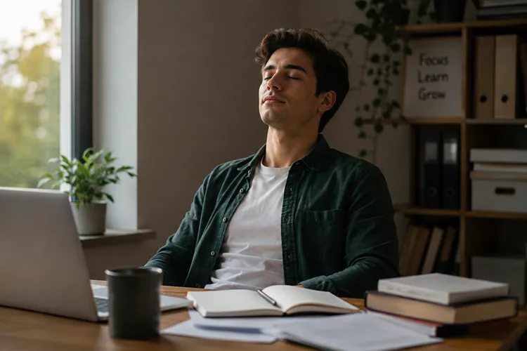 Young man practising deep breathing during a work break at his desk
