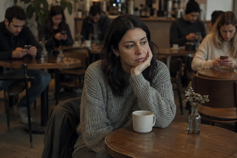 Woman sitting alone in a busy café while people around her look at their phones