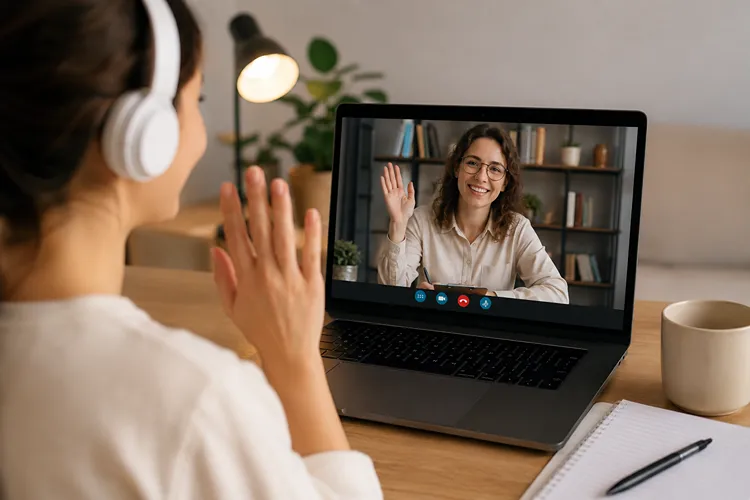 Person joining an online therapy session via video call on a laptop