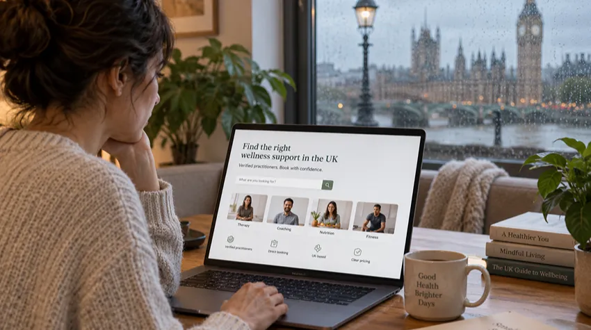 Woman reviewing a verified wellness practitioner profile and booking availability online