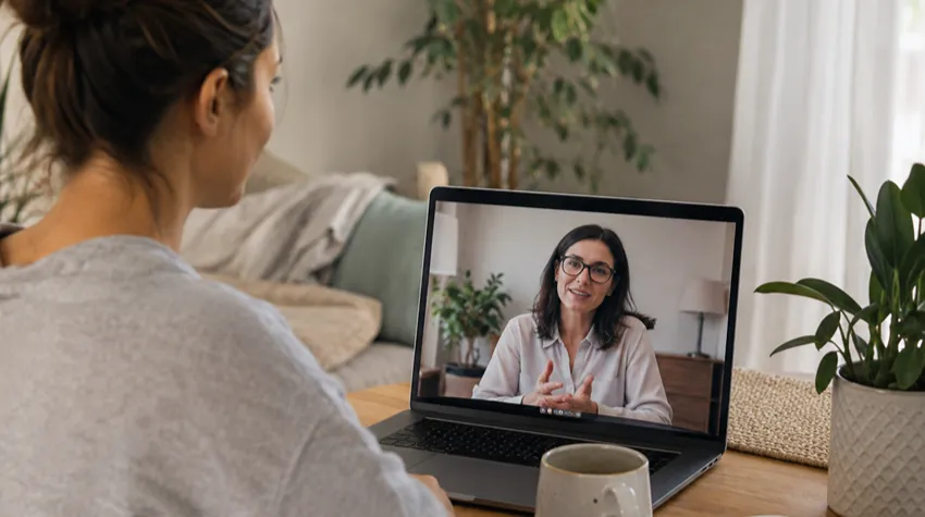 Woman having an online wellness consultation with a specialist by video call