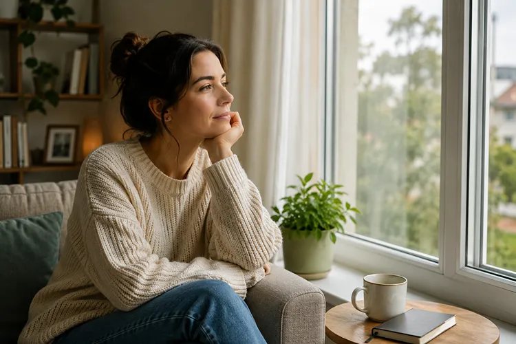 Woman sitting by a window and reflecting on anxiety and its symptoms.