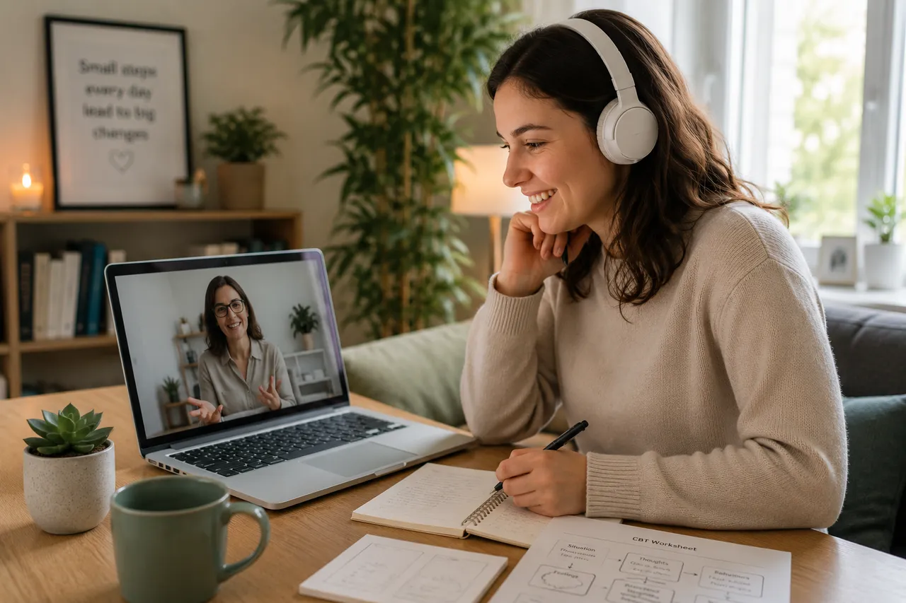 Woman smiling during an online CBT therapy session while taking notes at home