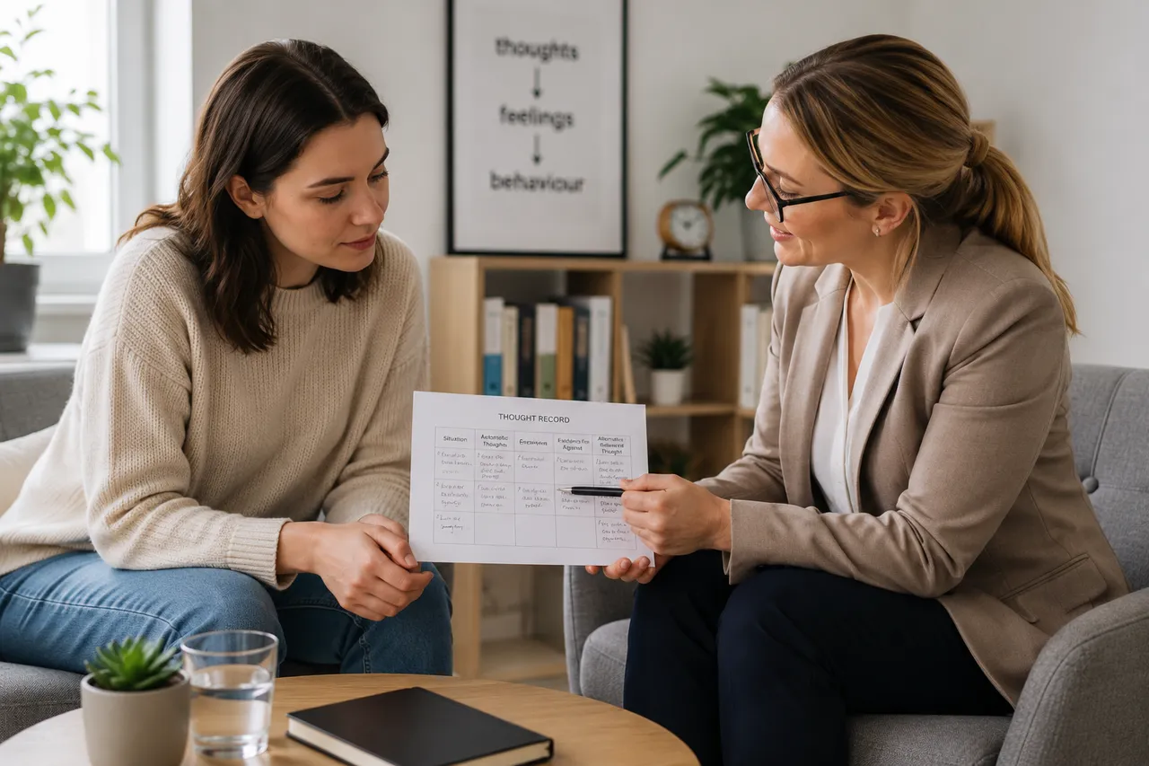 Therapist and client reviewing CBT worksheets together during a therapy session