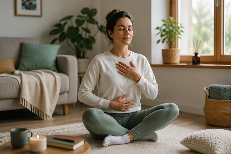 Woman practising a calming breathing exercise at home to manage health anxiety.