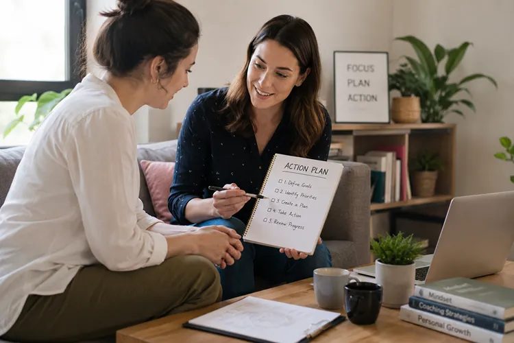 Life coach and client reviewing a personalised action plan during a coaching session