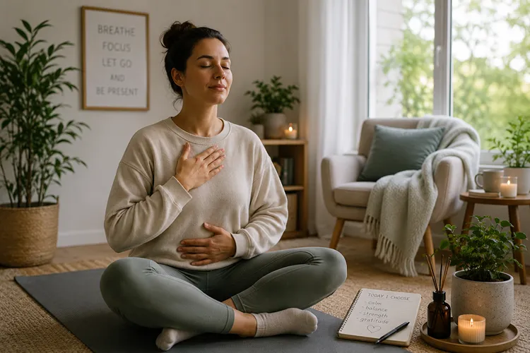 Woman practising relaxation and mindful breathing techniques at home