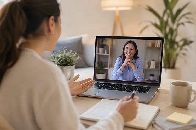 Woman participating in an online life coaching session from home while taking notes