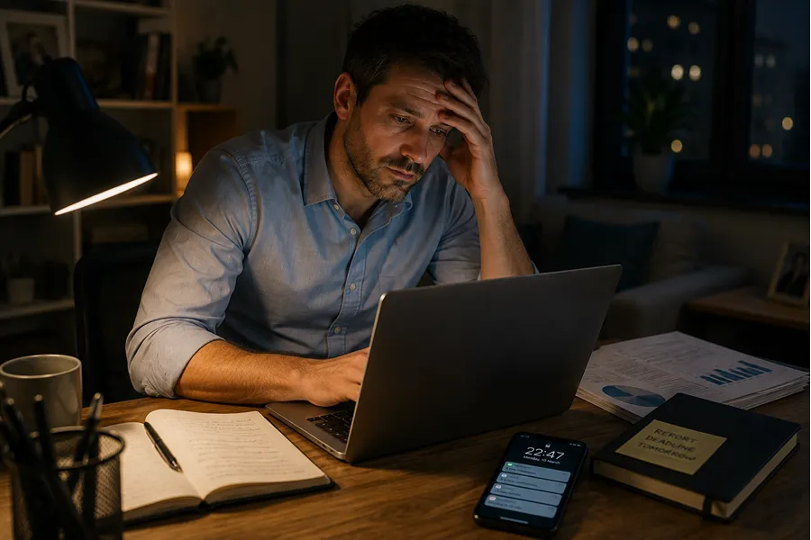 Tired man working on a laptop late at night and struggling to switch off from work.
